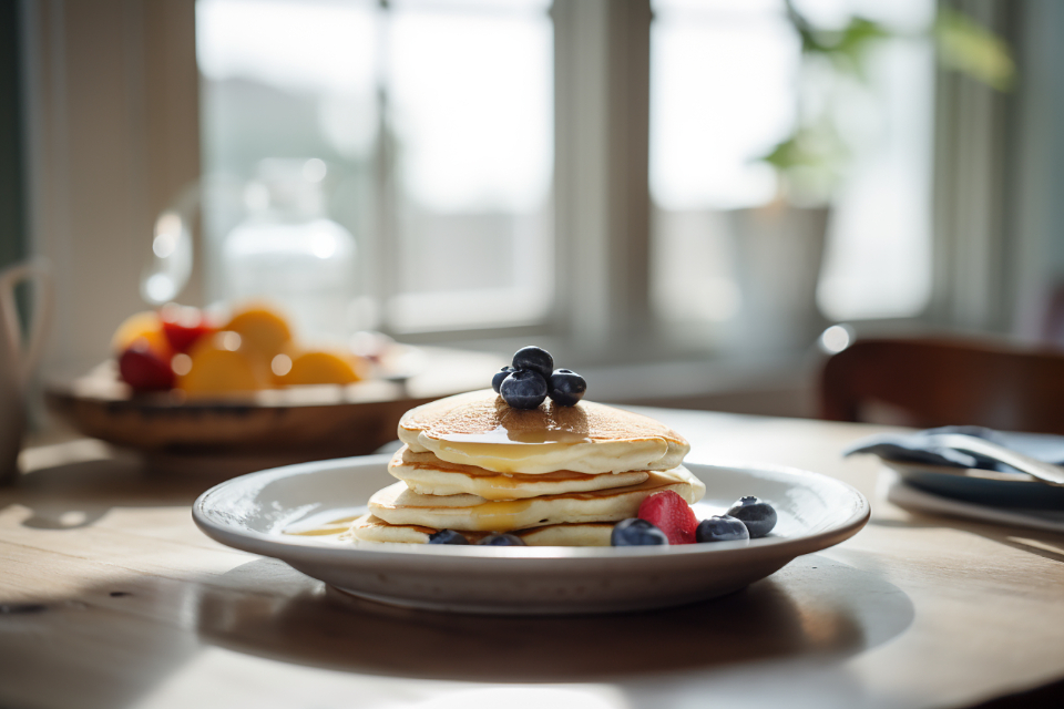 阳光下的蓝莓煎饼：温馨早餐时光 无版权可商用图片素材 免费下载！-优享侠