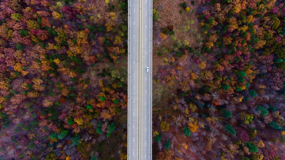 秋意浓：航拍森林中的高速公路 无版权可商用图片素材 免费下载！-优享侠