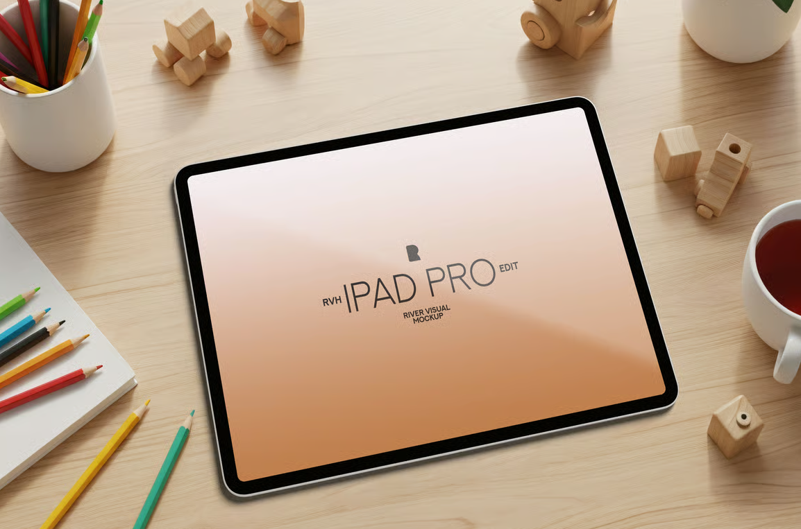 书桌上的iPad Pro样机（PSD样机模板）可商用电子数码样机免费下载！-优享侠