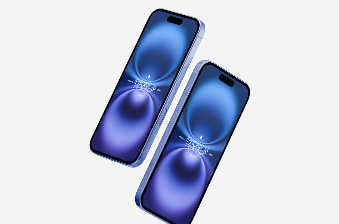 两个悬浮且不同视角的iPhone 16(PSD样机模板)可商用电子数码样机免费下载!-优享侠