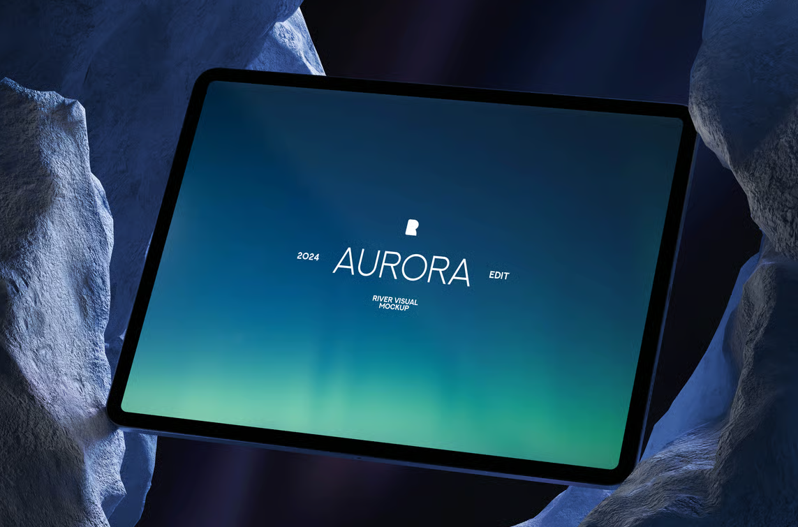 石头场景中的iPad Pro（PSD样机模板）可商用电子数码产品样机免费下载！-优享侠
